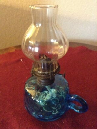 Small Vintage Blue E Miller &co Venus Lamp,  With Chimney.