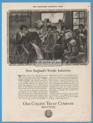 1920 Old Colony Trust Co Boston England Textile Spinning Wheel Banking Ad