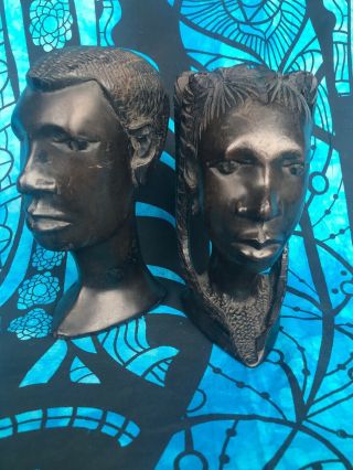 Mcm African Vintage Ebony Wood Carving Bust Head Bookends Sculpture Primitive