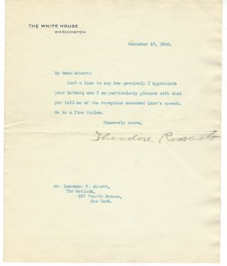 Theodore Roosevelt Signed Letter As President.  Great Content & Association 1906