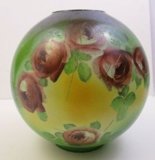 Vintage Gwtw Hurricane Globe Glass Lamp Shade - Green/ Red Rose - 4 " Fitter (94f)