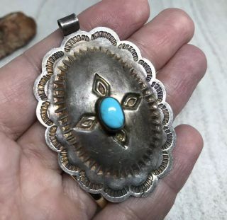 Vintage Native Navajo Stamped Sterling Silver Turquoise Concho Huge Pendant