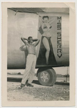 Shirtless Air Force Man Poses As Pinup Woman Airplane Nose Art Vtg Ww2 Photo Gay