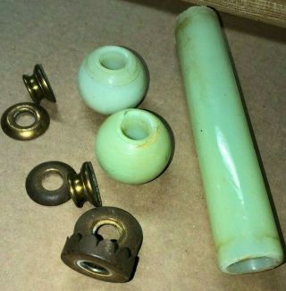 Houze Art Deco Green Vaseline Glass Lamp Parts Column Two Balls W Metal Spacers
