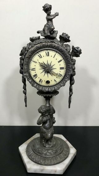 Antique Ornate Silver Tone Metal Floral Cherub Putti Shelf Clock -