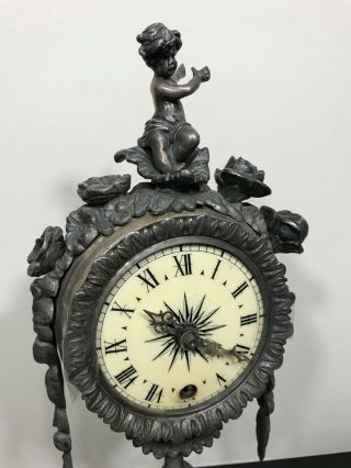 Antique Ornate Silver Tone Metal Floral Cherub Putti Shelf Clock - 2