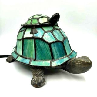 Vintage Stained Glass Turtles Cast Iron Night Light Lamp Blue Green Nursery Room