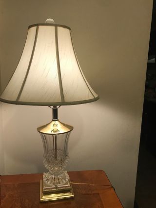 Vintage Cut Crystal Glass & Brass Vase Table Lamp 27” Tall W/ White Shade