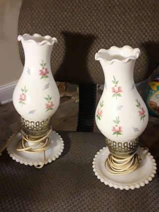 Vintage Milk Glass Hand Painted Floral Design Electric Hurricane Lamp