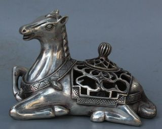 Folk Collectable Handwork Old Miao Silver Carve Horse Tibet Decor Incense Burner