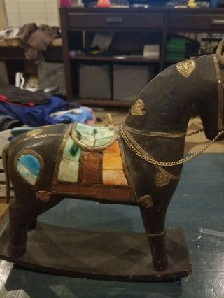 India Hand Carved Wood Rocking Horse Large Statue With Brass Decor