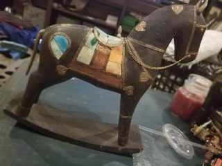 India Hand Carved Wood Rocking Horse large Statue With Brass Decor 2