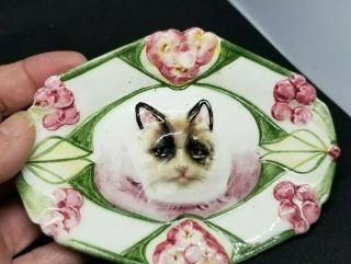 Antique Victorian Cat Pin Tray 3d Siamese Cat Hand Painted 5x4 Porcelain Signed
