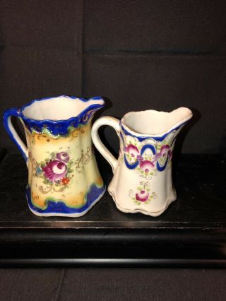 Two Small Antique Floral Porcelain Cream Pitchers - Hand Painted