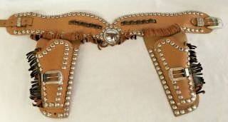 Vintage Child’s Tooled Leather Studded Fringed Western Toy Gun Holster Belt