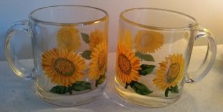 Set Of 2 Vintage Sunflower Glass Coffee Tea Mug Cup Made In Usa
