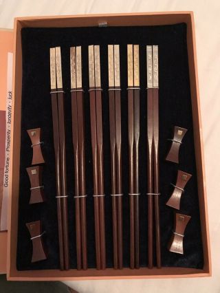 Chopstick Gallery Set Of 6 Wood Gold Chopsticks With Stands In Gift Box Nwt