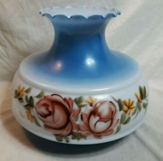 Vintage Large 10 " Fitter Blue Hurricane Lamp Shade Top Shade W Painted Roses