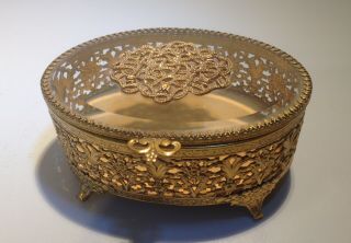 Vintage Hollywood Regency Ormolu Filigree Jewelry Box Trinket Casket Beveled Top