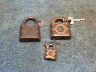 3 Different Old Brass Yale Standard Lever Padlock Lock All With A Key.  N/r