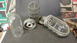 Vintage Two Explosion Proof Light Fixtures Cage Guard And Dome