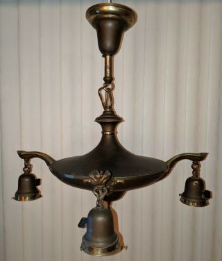 Antique Vintage Ornate Brass Pan Ceiling 4 Arm Light Hanging Fixture Chandelier