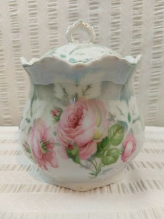 Vintage Porcelain Biscuit Jar Cottage Shabby Chic Room Decor Pink Roses With Lid
