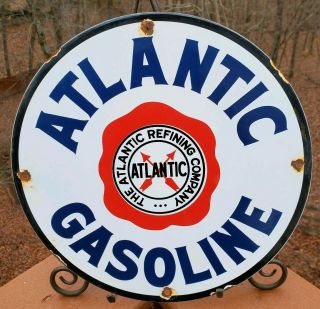 Old Vintage Atlantic Gasoline Porcelain Gas Station Sign