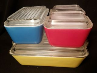 Vintage Pyrex 8pc Primary Refrigerator Dish Set 501 502 503 Yellow Blue Red
