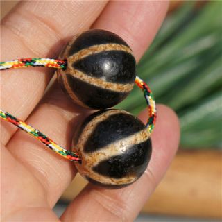 A Pair Tibetan Dzi Bead Old Agate Round Bead Melon Beads Totem Amulet Bead 20mm