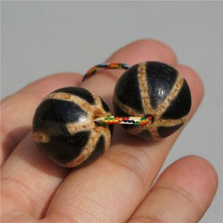 A Pair Tibetan DZI Bead Old Agate Round Bead Melon Beads Totem Amulet Bead 20mm 2