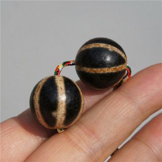 A Pair Tibetan DZI Bead Old Agate Round Bead Melon Beads Totem Amulet Bead 20mm 3