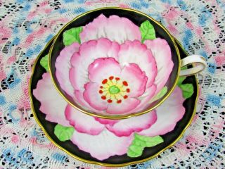 Grosvenor Lotus Pattern Pink Over Black Gold Wide Tea Cup And Saucer