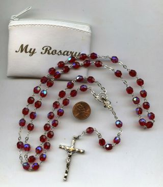 Gorgeous Vintage Red Faceted Crystal Bead Catholic Rosary With Leather Pouch