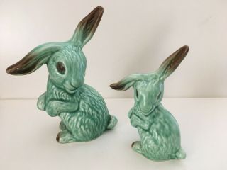 Pair Sylvac Vintage Green Pottery Lop Eared Rabbits Bunnies Vgc Made In England