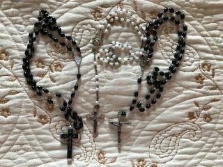 (3) Vintage Black,  White Bead Roman Catholic 5 Decade Rosaries,  Italian