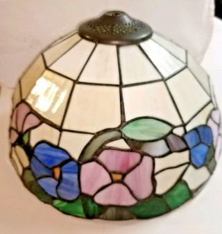Vintage Tiffany Style Slag Lead Stain Glass Lamp Shade 12” Pink White Blue Green