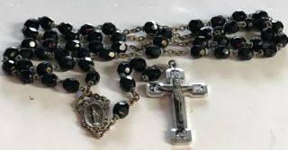 Vtg Rosary Glass Beads Black Crucifix 14 Station Of The Cross Medal 23 " L 48 Gr