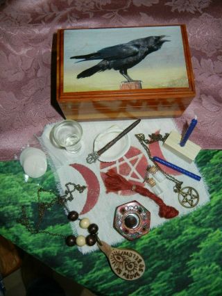 Wicca Altar Set Cedar Wood Box Raven Besom Wand Pentacle More