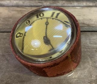 Vtg 20s - 30s Leather Lux Wind Up Paperweight Desk Clock W/ Magnifying Glass A