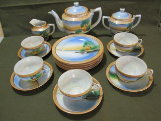 18 Pc.  Vintage Japanese Tea Set,  Hand - Painted Pastoral Scene