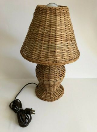 Vintage Wicker Table Lamp 17”tall W/ Shade - Cottage Wicker Lamp Tiki