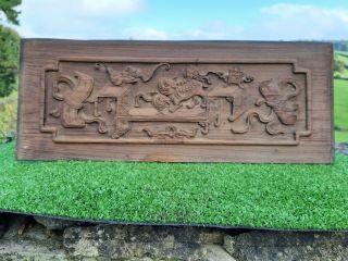 19thc Chinese Wood Carved Panel With Bat & A Lion Dog In Relief