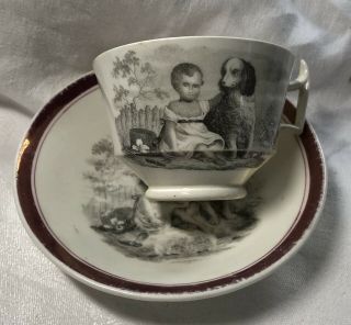 Antique Early Staffordshire Soft Paste Porcelain Tea Cup & Saucer Dog & Girl