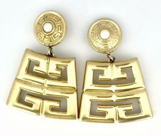 Large Vintage 1980’s Runway Givenchy Paris York Logo Gold Clip On Earrings
