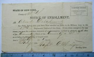 Orig 1864 Civil War Military Enroll Draft,  Exemption Notice 34 Regiment York