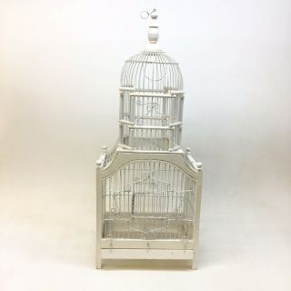 Wood And Wire Bird Cage White Vintage 28 Inch Tall Victorian Style Over 2ft