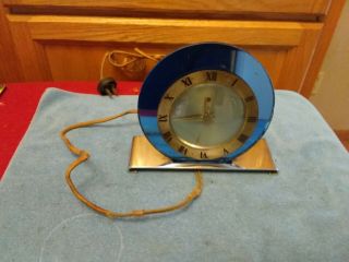 Vintage Telechron Art Deco Electric Clock Model 4f65 Blue Mirror & Chrome
