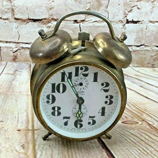 Vintage Germany Linden Black Forest Double Bell Brass Alarm Clock Decor