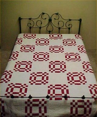 Vintage Antique Quilt Hand Quilted Vibrant Christmas Red White 30s Cotton Fabric